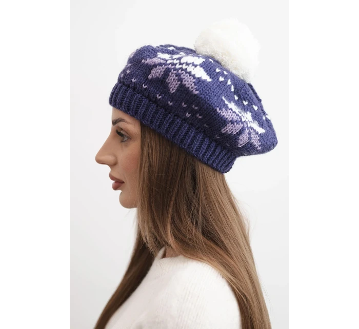 Dámská zimní čepice vlněná s motivem sněhových vloček a bambulí K457 tmavě fialová
