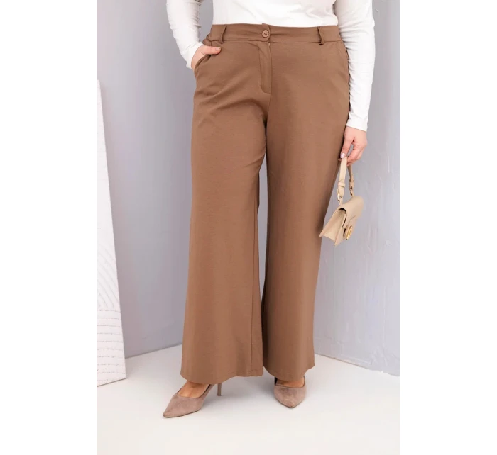 Dámské kalhoty Plus Size s širokou nohavicí a vysokým pasem světlé camelové