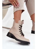 Kožené dámské boty na nízkém podpatku model 21713386 Béžové - VINCEZA