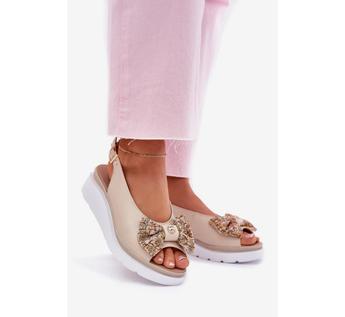 Dámské Kožené Sandály Na Klínu S Mašlí Béžové Zazoo 1882