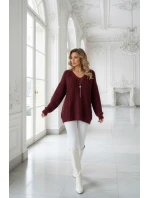 661-1 Teplý svetr oversize s fleecovou vazbou a výstřihem do V - vínový