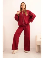 Dámský bavlněný komplet se širokými nohavicemi a mikinou na zip bordový Dámský bavlněný komplet se širokými nohavicemi a mikinou na zip bordový