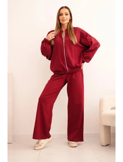 Dámský bavlněný komplet se širokými nohavicemi a mikinou na zip bordový