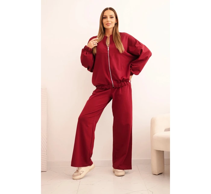 Dámský bavlněný komplet se širokými nohavicemi a mikinou na zip bordový Dámský bavlněný komplet se širokými nohavicemi a mikinou na zip bordový