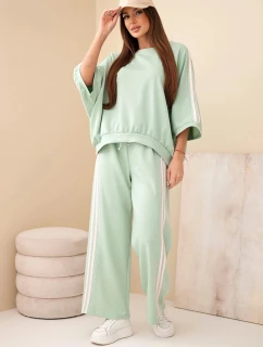 Dámský komplet z viskózy máslový se širokými nohavicemi a volnou blůzou tmavě mátový