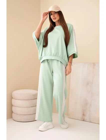 Dámský komplet z viskózy máslový se širokými nohavicemi a volnou blůzou tmavě mátový