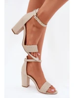 Dámské sandály na podpatku s pleteným páskem béžové model 21698571 - EVENTO