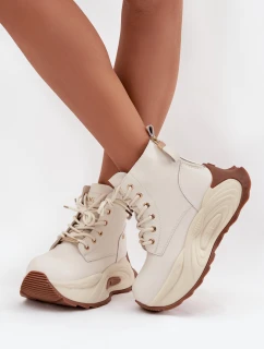 Dámské kožené boty GOE – světle béžové, zateplené, na platformě