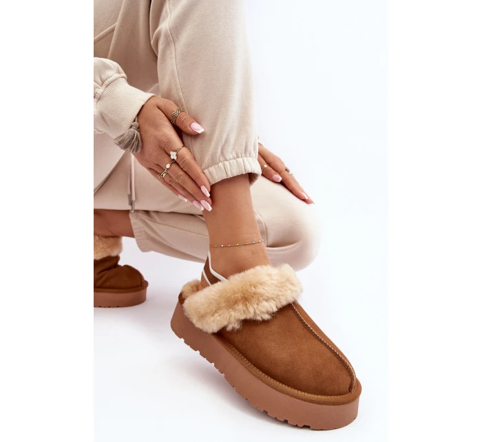 Kožené Semišové Pantofle Dámské Na Platformě S Kožíškem Camel model 21638811 - Boto