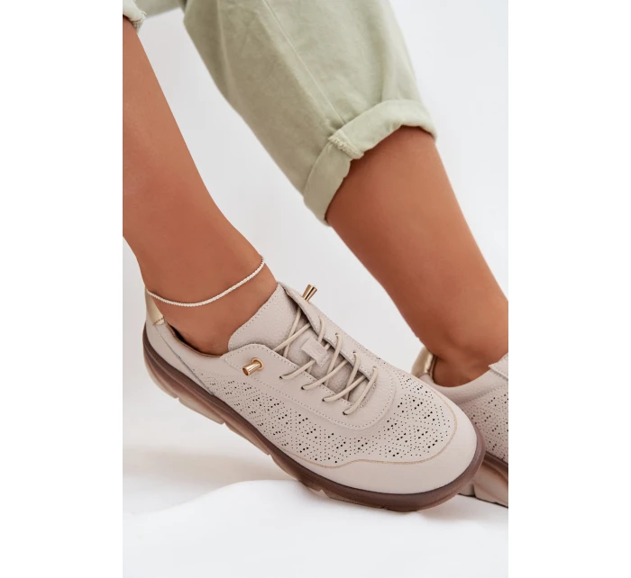 Kožené semišové dámské tenisky s otvory model 22026508 světle hnědé - SERGIO LEONE