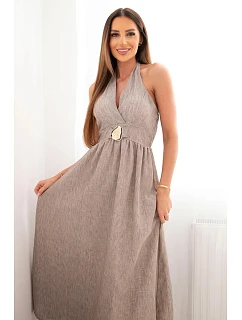 Dámské maxi viskózové šaty vázané na krku s ozdobnou přezkou fango