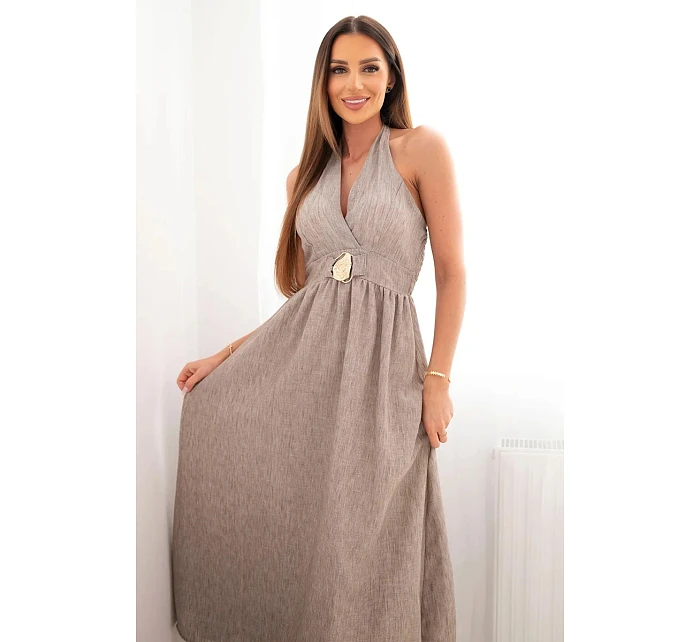 Dámské maxi viskózové šaty vázané na krku s ozdobnou přezkou fango Dámské maxi viskózové šaty vázané na krku s ozdobnou přezkou fango