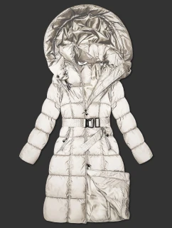 Dlouhá a hrubší zimní bunda v barvě ecru s opaskem Minority (P3-6033-12)