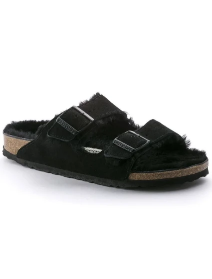 Dámské zateplené žabky s ovčí vlnou Birkenstock Arizona VL Shearling Black semišová kůže regular wide (0752661) dámské Dámské zateplené žabky s ovčí vlnou Birkenstock Arizona VL Shearling Black semišová kůže regular wide (0752661) dámské