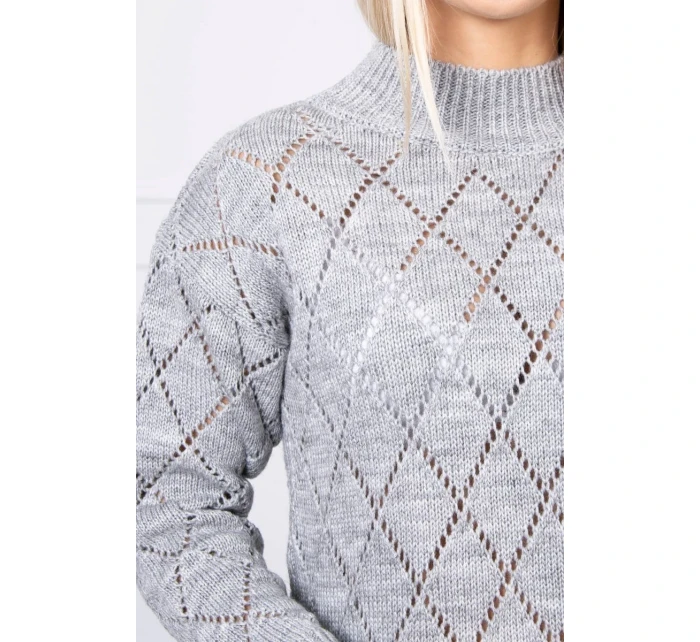 Svetr s polovičním rolákem a kosočtvercovým vzorem šedý