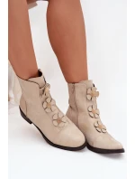 Zateplené dámské kotníkové boty na nízkém podpatku s ozdobnými květinami zlaté model 21711109 - Boto