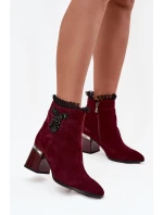 Semišové kožené dámské kotníkové boty na podpatku s ozdobou vyhřívané D&A MR52-127 bordó
