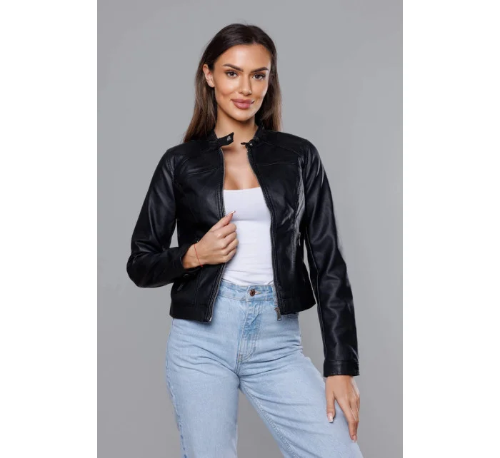 Krátká černá bunda ramoneska se stojáčkem (11Z8032)