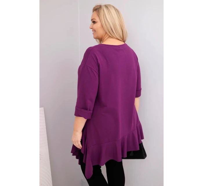 Dámská blůza Plus Size s bavlnou a volánem a ohrnovacími rukávy tmavě fialová