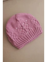 Dámská zimní čepice z vlny a dekorativním pletením s perličkami K470 tmavě růžová