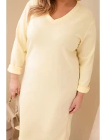 Dámské šaty Plus Size máslové s výstřihem do V a rukávem žlutá