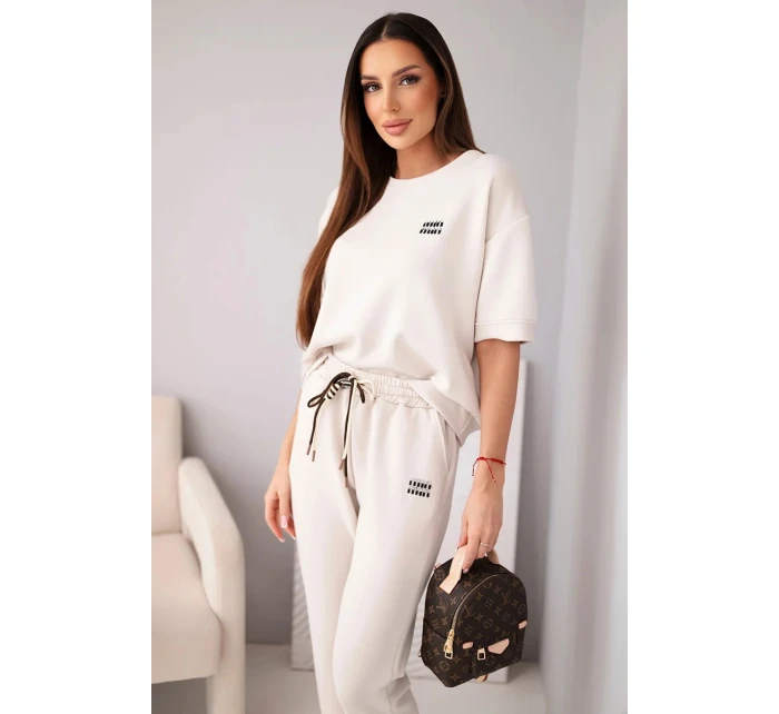 Dámský komplet viskózový máslový s krátkým rukávem a kalhotami s ohrnutým lemem béžový