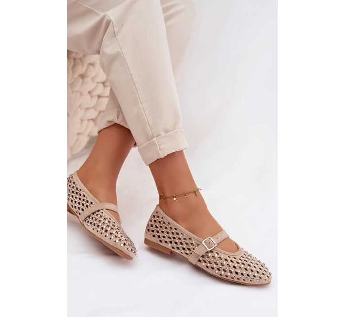Dámské baleríny s krajkovým vzorem s kamínky a s páskem Bežowe Wilvessa