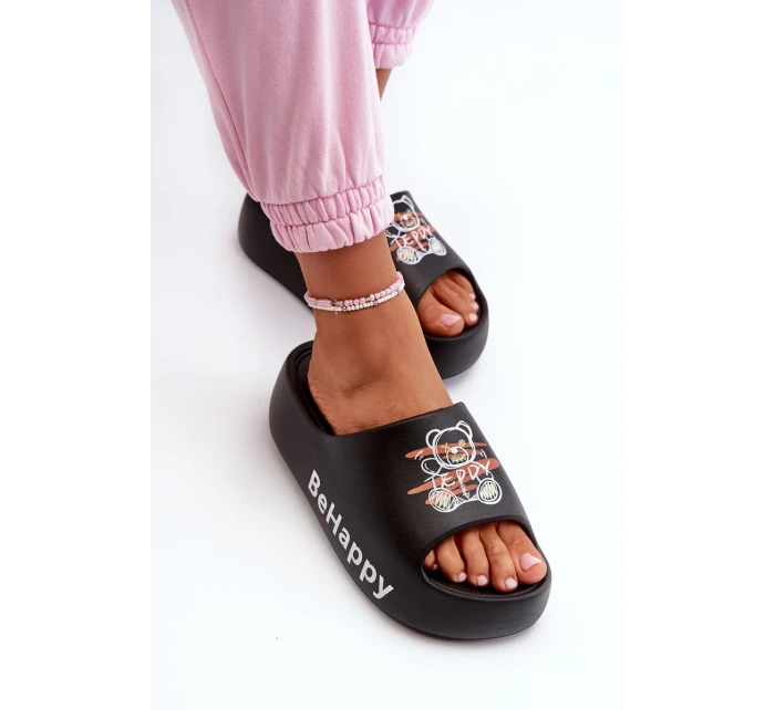 Lehké dámské pantofle na silné podrážce s medvídkem černá pěna Serefina