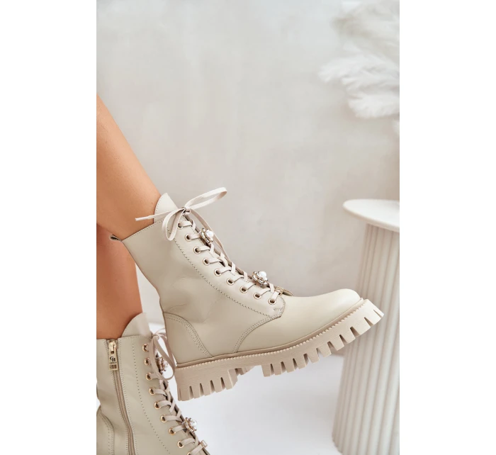 Kožené botky s na zip  Béžové model 21675548 - CheBello