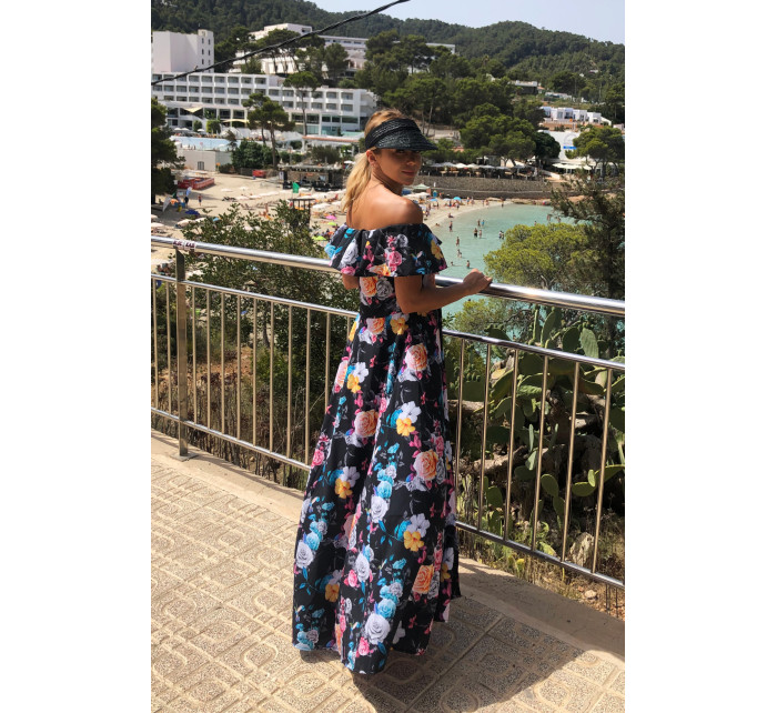 Dlouhé šaty s volánem Numoco - černé s barevnými květy