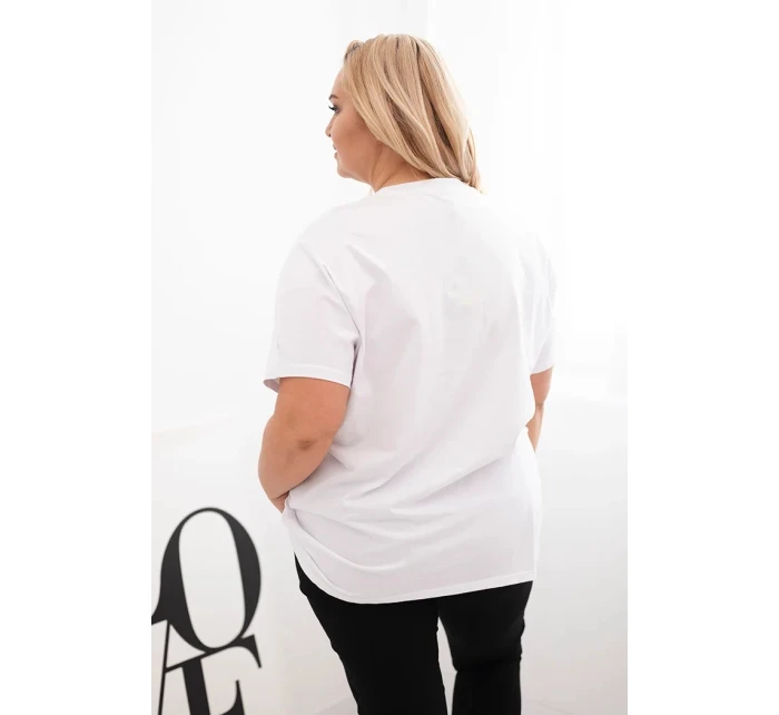 Dámská bavlněná halenka Plus Size s motivem peří bílá + růžová