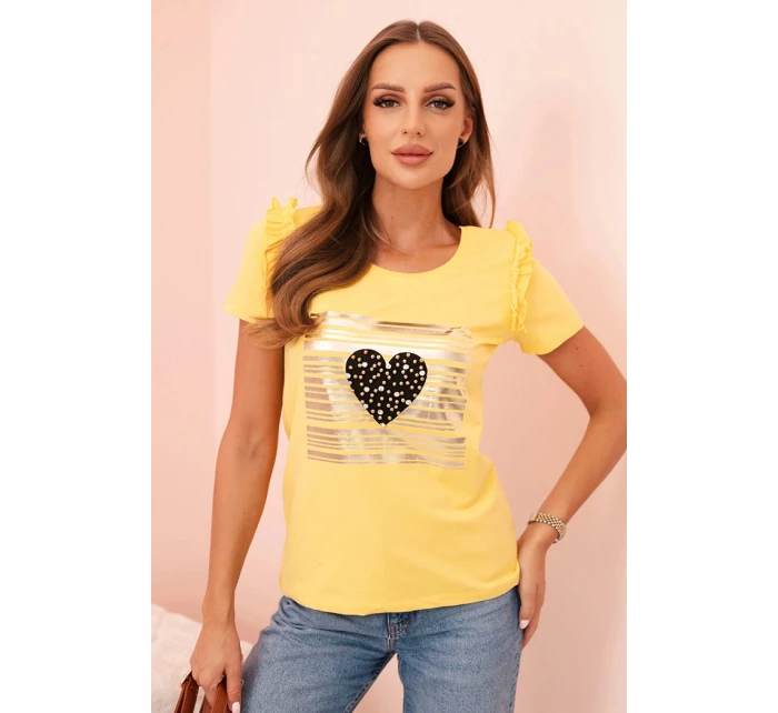 Dámská bavlněná blůza s volánkem a srdcem z kamínků žlutá Dámská bavlněná blůza s volánkem a srdcem z kamínků žlutá