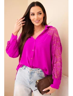 Dámská viskózová košile s krajkovými rukávy a límečkem tmavě fialová
