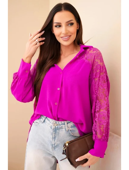 Dámská viskózová košile s krajkovými rukávy a límečkem tmavě fialová Dámská viskózová košile s krajkovými rukávy a límečkem tmavě fialová