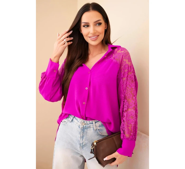 Dámská viskózová košile s krajkovými rukávy a límečkem tmavě fialová Dámská viskózová košile s krajkovými rukávy a límečkem tmavě fialová