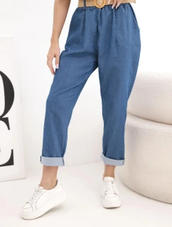 Dámské kalhoty s model 22025252 nohavicí a páskem tmavě džínové - K-Fashion