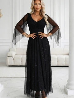 655-1 Dlouhé lehké třpytivé šaty s výstřihem a průhlednými rukávy - černé