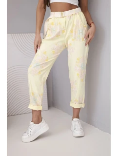 Dámské viskózové kalhoty s květinovým vzorem a páskem žluté