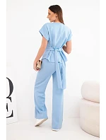 Dámský komplet z měkkého úpletu s halenkou s krátkým rukávem a širokými kalhotami modrý