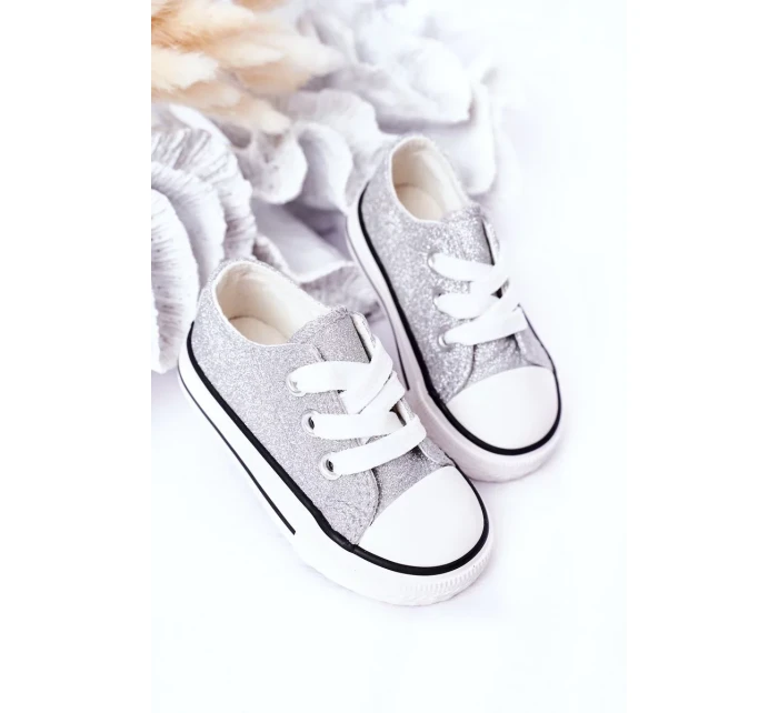 Dětské Brokátové Tenisky Stříbrné Bling-Bling