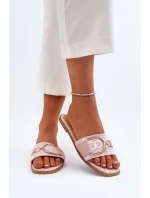 Lesklé dámské pantofle s růžovým zdobením