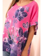 Dámská bavlněná blůza s květinovým potiskem a krátkým rukávem růžová Dámská bavlněná blůza s květinovým potiskem a krátkým rukávem růžová