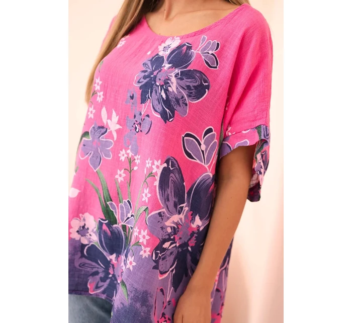 Dámská bavlněná blůza s květinovým potiskem a krátkým rukávem růžová Dámská bavlněná blůza s květinovým potiskem a krátkým rukávem růžová
