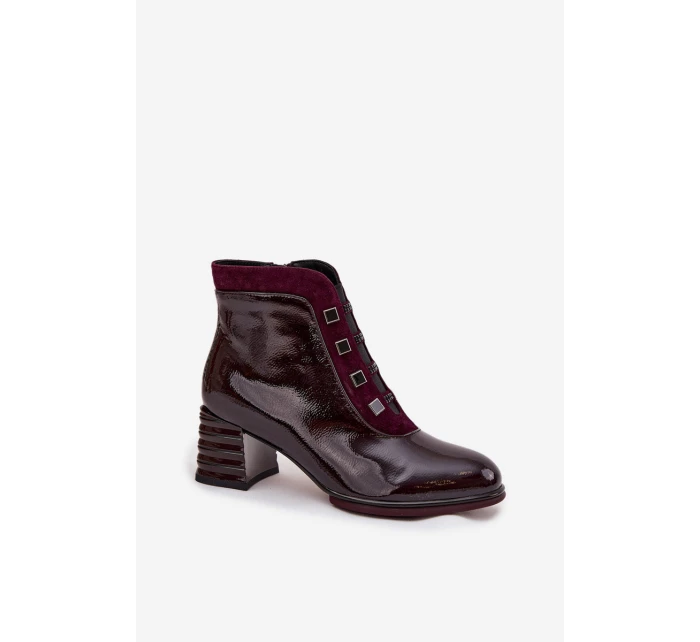 Lakované dámské kotníky z pravé kůže na podpatku D&A CR52-696 bordó