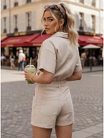 Dámská krátká džínová kombinéza s gumou v pase, béžová, FashionStreet EY2689 Dámská krátká džínová kombinéza s gumou v pase, béžová, FashionStreet EY2689