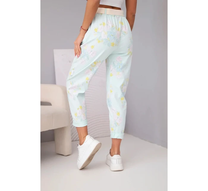 Dámské viskózové květované kalhoty s páskem mátové