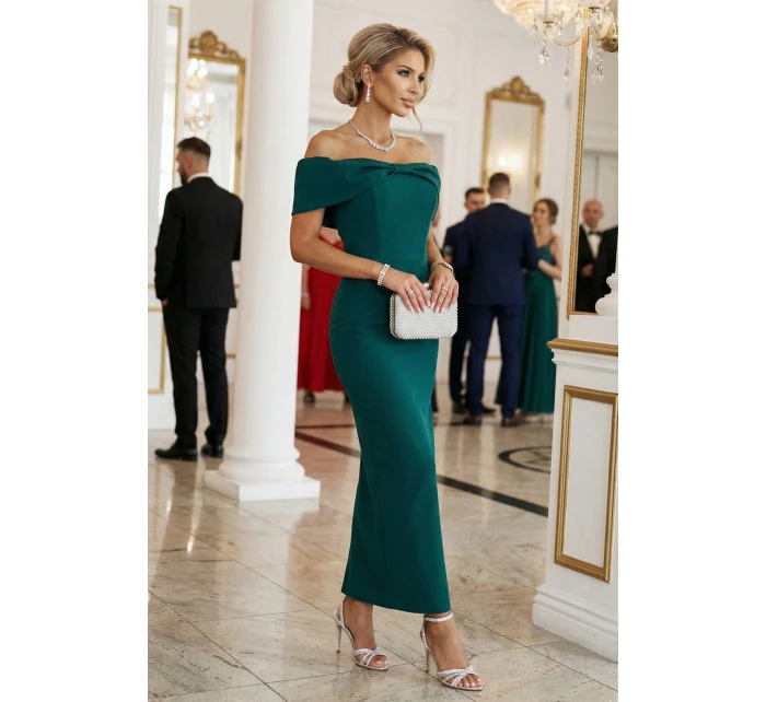 644-1 Smyslné španělské šaty midi s mašlí ve výstřihu - lahvově zelené 644-1 Smyslné španělské šaty midi s mašlí ve výstřihu - lahvově zelené