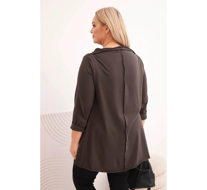 Dámská bavlněná blůza Plus Size asymetrická s ohrnutým rukávem hnědá