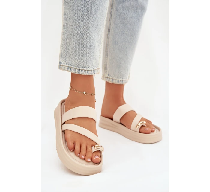 Dámské textilní pantofle s pásky a zlatým detailem světle béžové Farielle