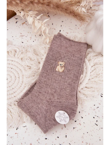Teplé dámské ponožky s medvídkem a vlnou – tmavě béžové